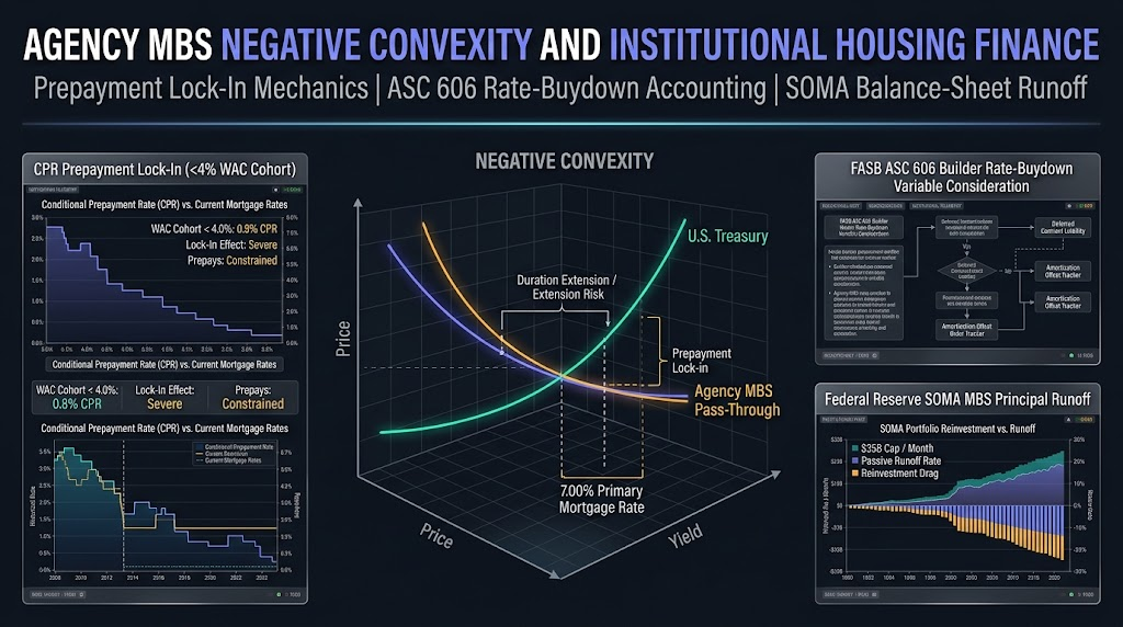 Agency MBS Negative Convexity and Institutional Housing Finance: Prepayment Lock-In Mechanics, ASC 606 Rate-Buydown Accounting, and SOMA Balance-Sheet Runoff
