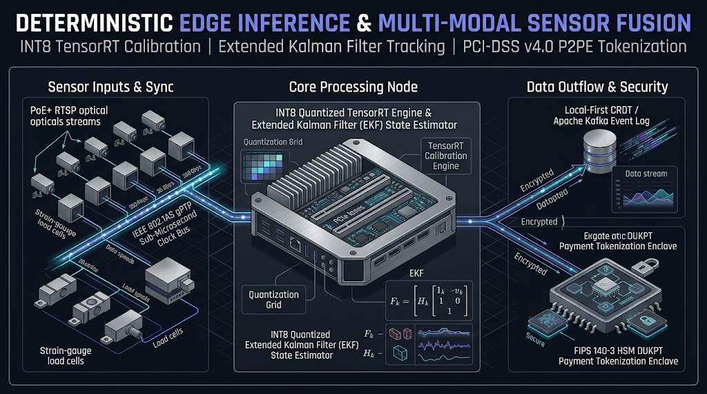 Deterministic Edge Inference and Multi-Modal Sensor Fusion: INT8 TensorRT Calibration, Extended Kalman Filter Tracking, and PCI-DSS v4.0 Tokenization