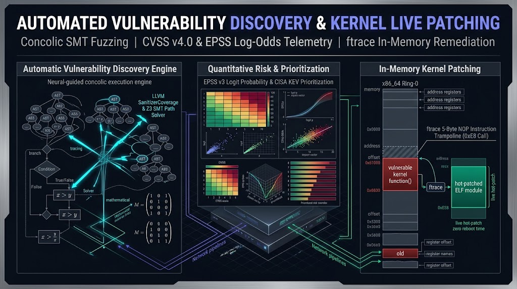 Automated Vulnerability Discovery and Kernel Live Patching Architecture: Concolic Fuzzing, CVSS v4.0 / EPSS Scoring Mechanics, and ftrace In-Memory Remediation