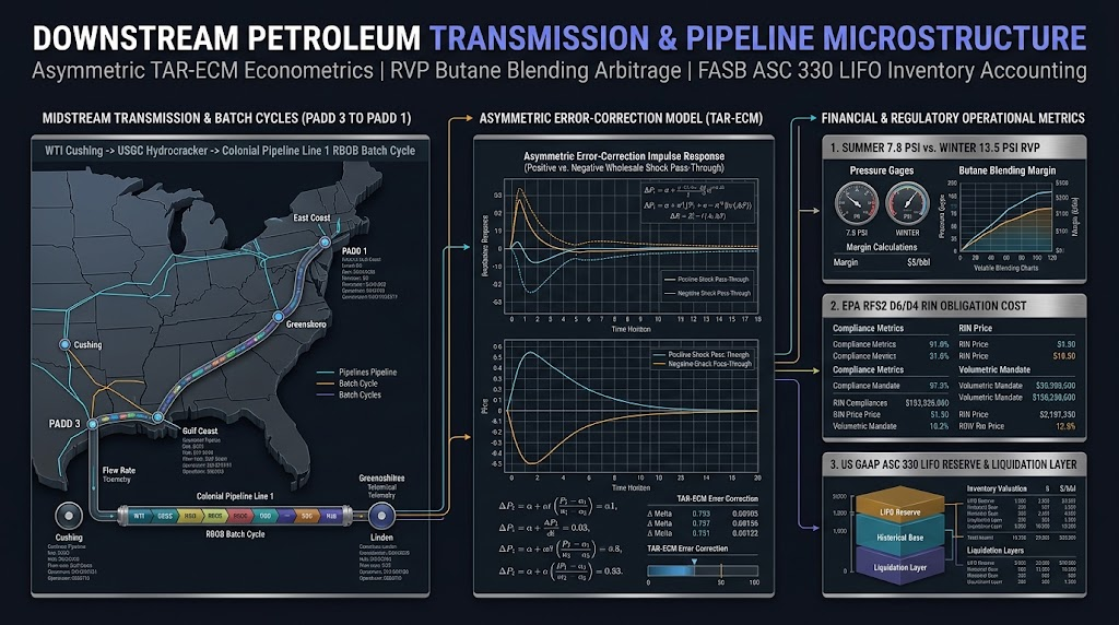 Downstream Petroleum Price Transmission and Midstream Pipeline Microstructure: Asymmetric Error-Correction Econometrics, RVP Blending Arbitrage, and ASC 330 LIFO Accounting