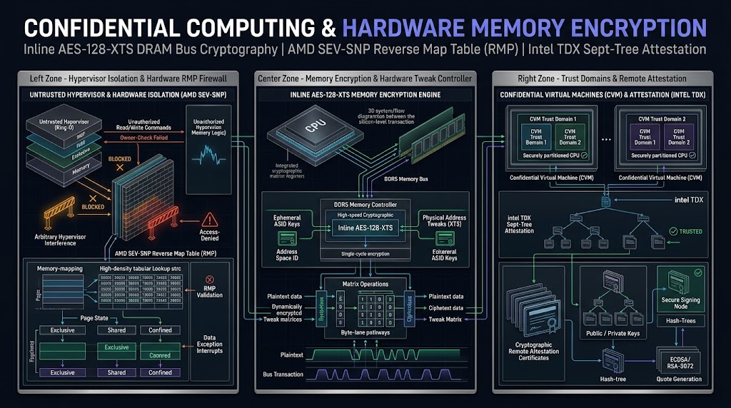 Confidential Computing and Hardware Memory Encryption Architecture: AMD SEV-SNP, Intel TDX, and AES-128-XTS DRAM Bus Cryptography